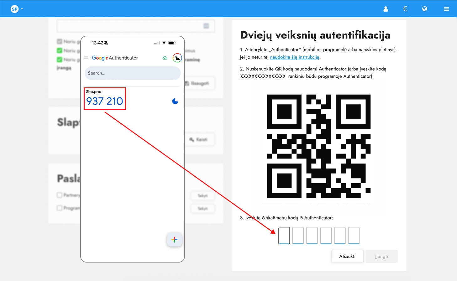 Autentifikatoriaus sugeneruotas 2FA kodas